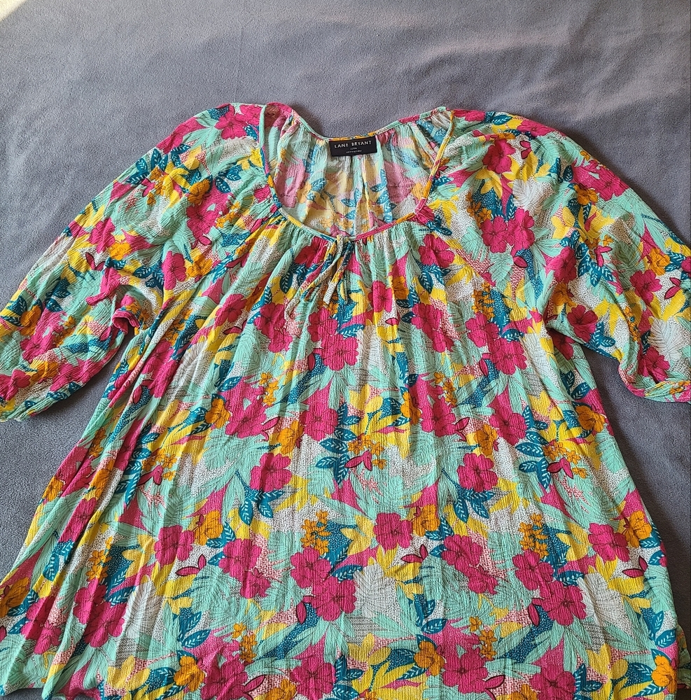 Lane Bryant Floral‎ Peasant Top 22/24 Rayon Boho Crinkle Blouse Bright Colors
